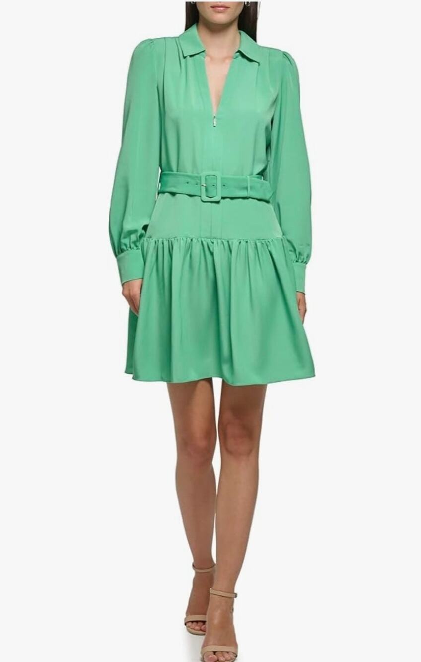 Karl Lagerfeld Paris Green Women's 10 Belted Collar Front Zip Dress